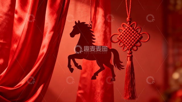 红色幕布前的马形剪纸与中国结
