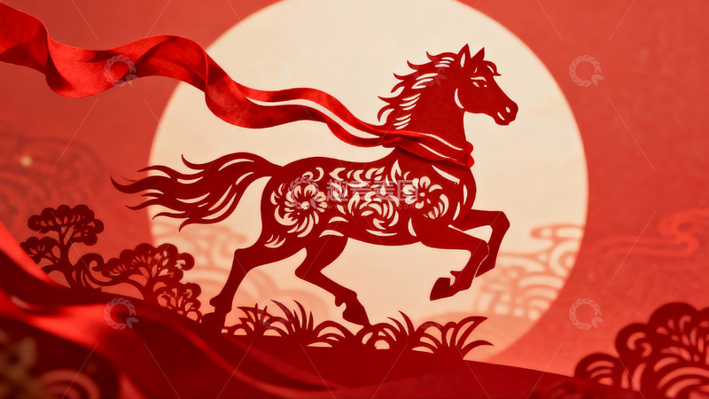 高清大图下载【趣麦麦图】红色剪纸骏马迎春图