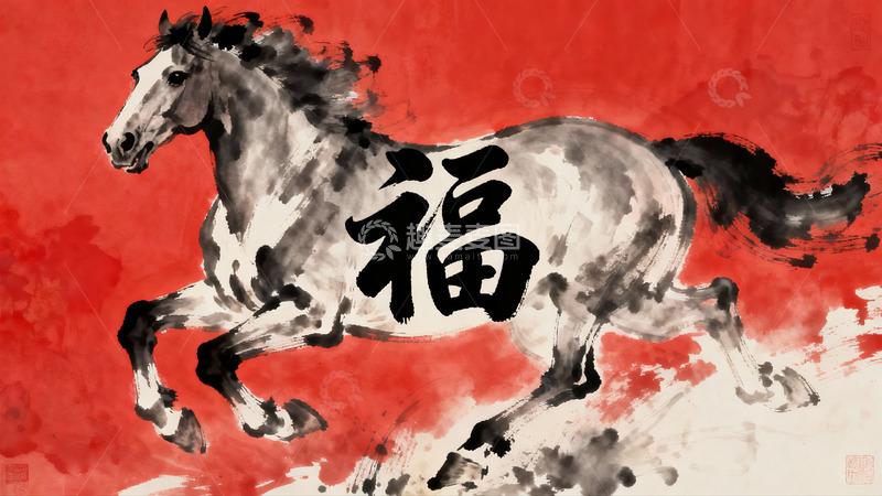 高清大图下载【趣麦麦图】水墨奔马福字艺术画