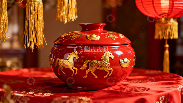 红色马纹瓷罐配金色装饰