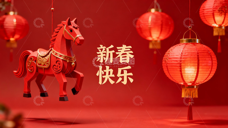 高清大图下载【趣麦麦图】红色马形挂饰与灯笼新年装饰