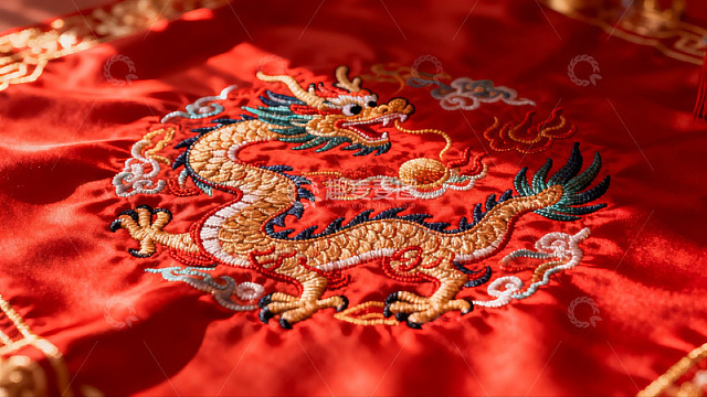 红色织锦上的金色龙纹刺绣