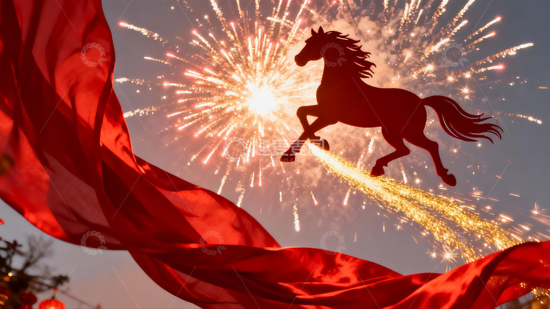 高清大图下载【趣麦麦图】烟花飞马红绸飘扬夜空