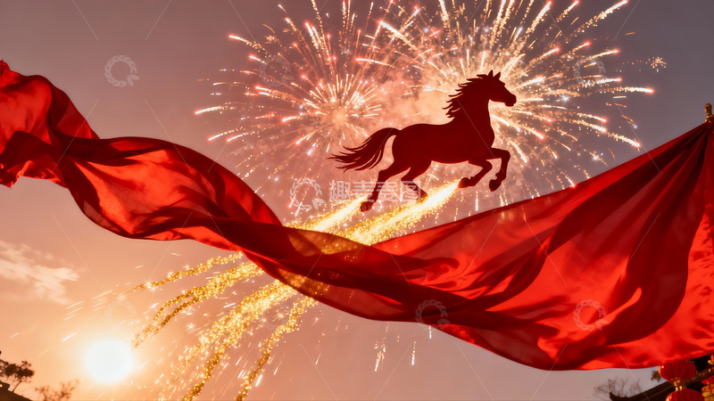 高清大图下载【趣麦麦图】烟花映衬骏马剪影飘带飞舞