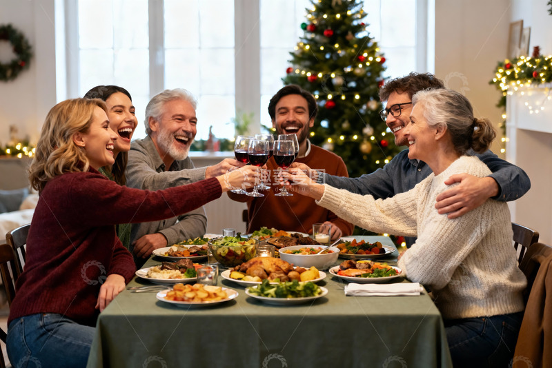 高清大图下载【趣麦麦图】圣诞家庭聚餐举杯欢庆