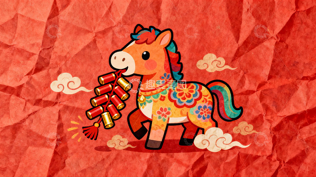卡通马叼鞭炮迎新年