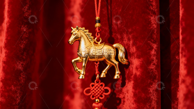 高清大图下载【趣麦麦图】金色马形挂饰红色背景