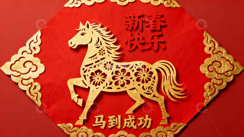 高清大图下载【趣麦麦图】红色背景金色剪纸马年祝福
