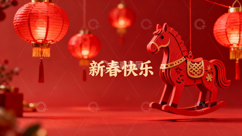 高清大图下载【趣麦麦图】红色新年装饰马与灯笼
