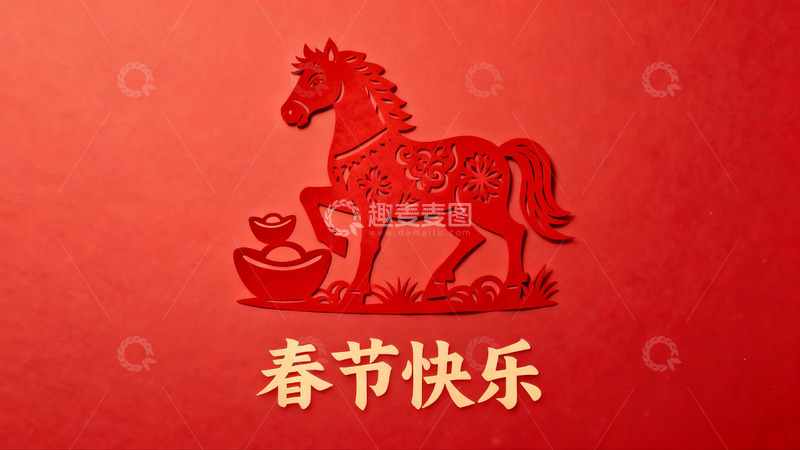 高清大图下载【趣麦麦图】红色剪纸马贺新春