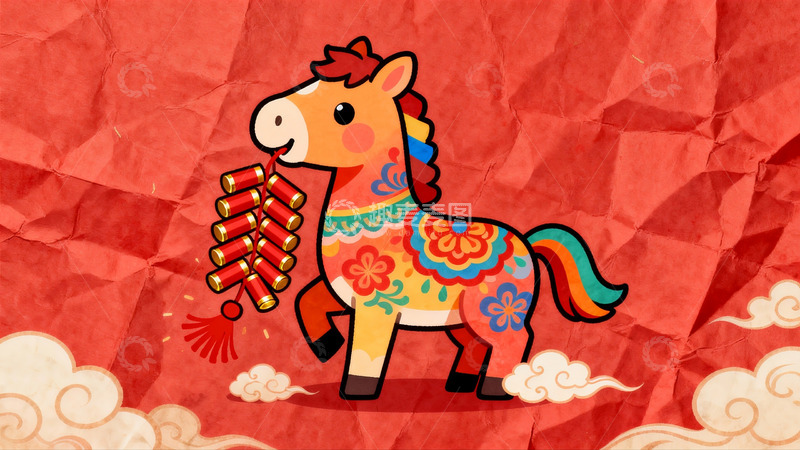 高清大图下载【趣麦麦图】卡通马叼鞭炮迎新春