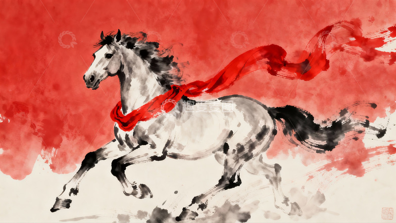 高清大图下载【趣麦麦图】奔腾骏马红绸飘扬水墨画