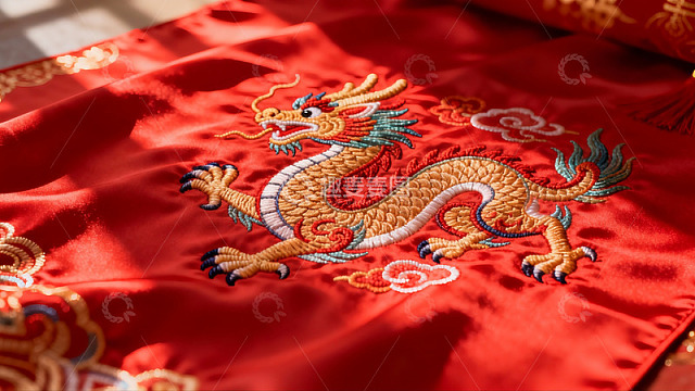 红色布料上的精美龙纹刺绣