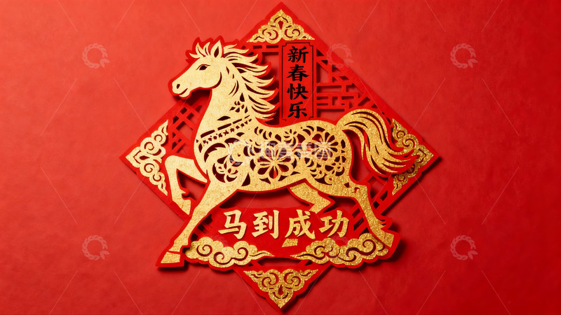高清大图下载【趣麦麦图】红色背景上的金色剪纸马