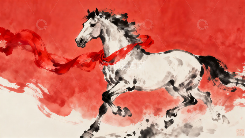 高清大图下载【趣麦麦图】奔腾骏马红绸飘扬水墨画