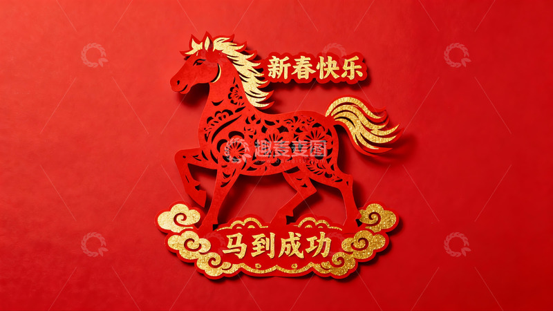 高清大图下载【趣麦麦图】红色背景上的剪纸马年祝福