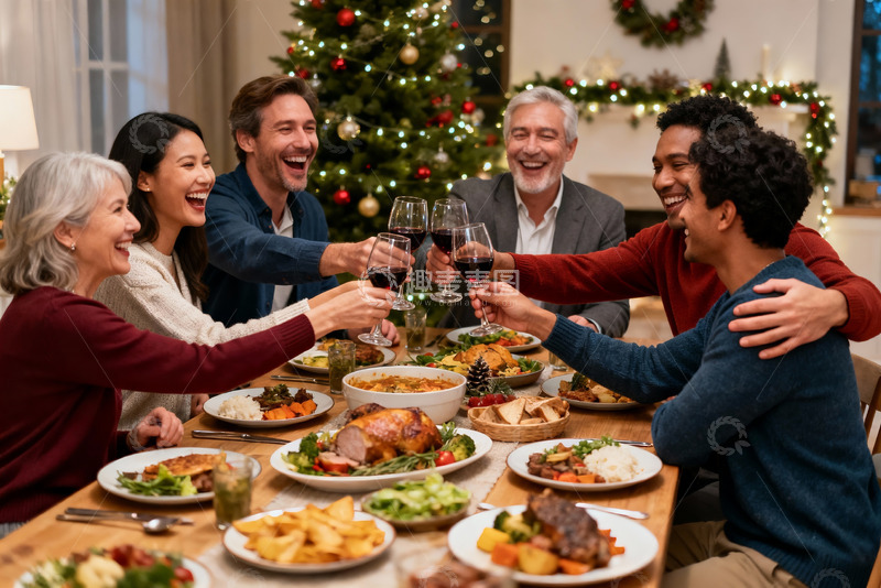 高清大图下载【趣麦麦图】圣诞家庭聚餐欢庆时刻