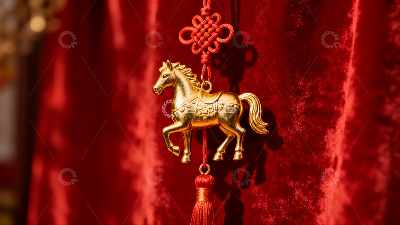 高清大图下载【趣麦麦图】金色马形挂饰红色背景