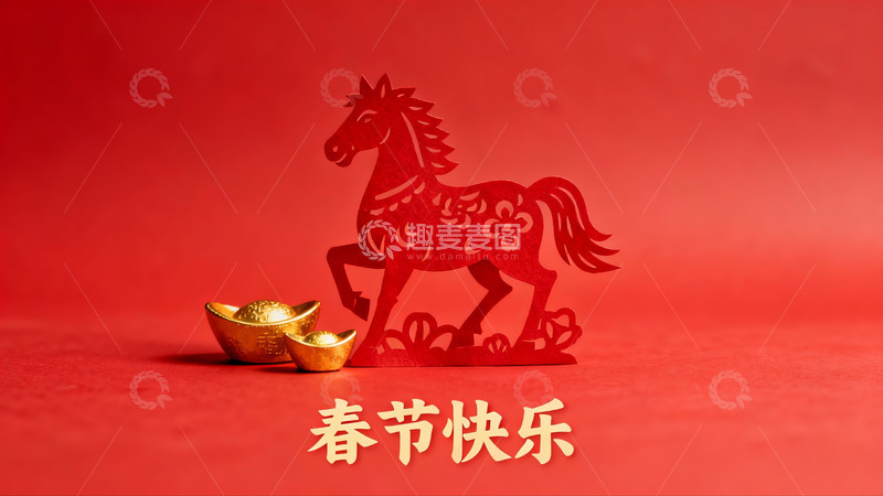 高清大图下载【趣麦麦图】春节剪纸马与金元宝装饰