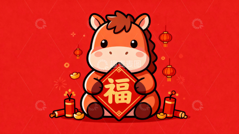 高清大图下载【趣麦麦图】卡通马年福字灯笼鞭炮