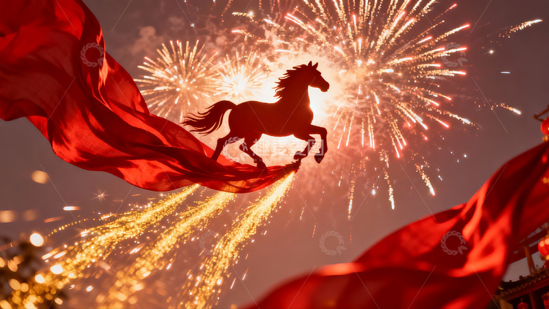 高清大图下载【趣麦麦图】烟花映衬骏马剪影节日盛景