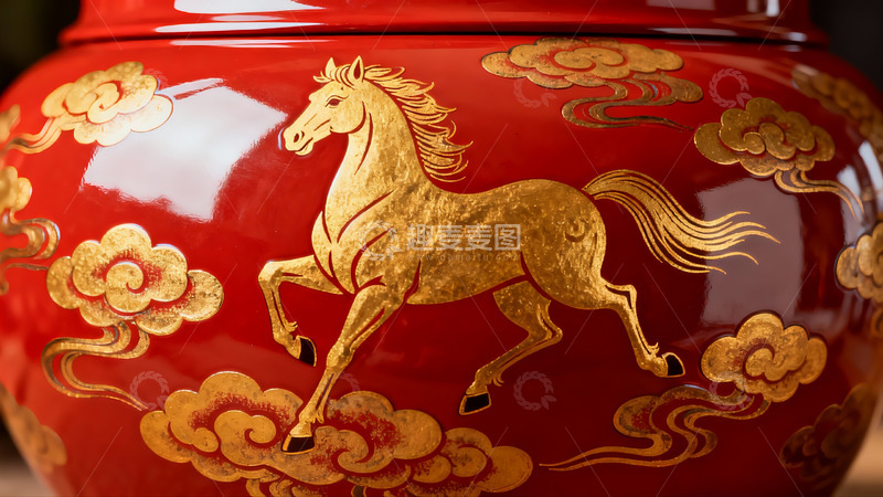 高清大图下载【趣麦麦图】红色瓷罐上的金色骏马图案
