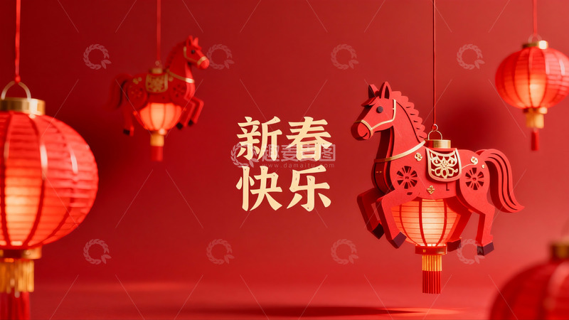 高清大图下载【趣麦麦图】红色背景新春灯笼马挂饰