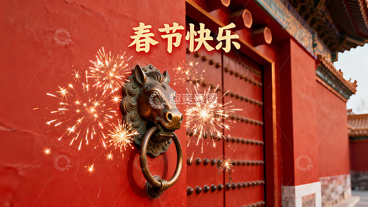 春节烟花映照古建筑大门