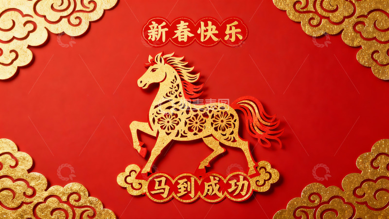 高清大图下载【趣麦麦图】红色背景金色剪纸马年春节装饰