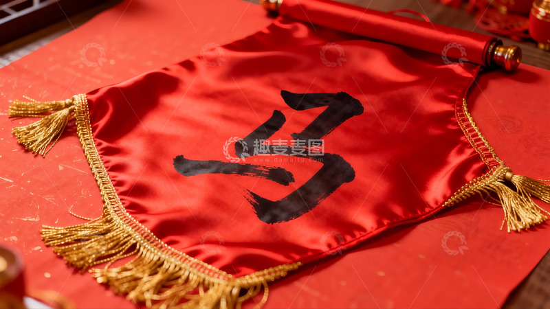 高清大图下载【趣麦麦图】红色卷轴上的书法马字