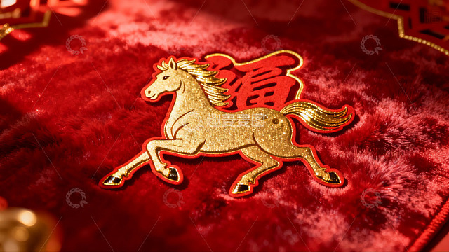红色绒布上的金色马年刺绣