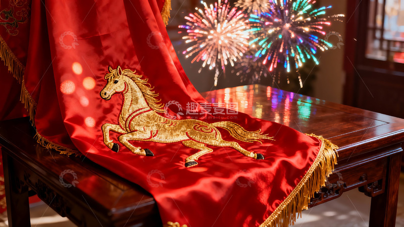 高清大图下载【趣麦麦图】烟花映衬下的金色马匹刺绣红布