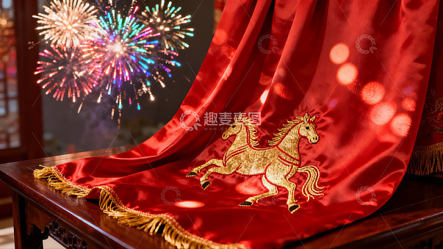 烟花映衬下的金色马纹红绸