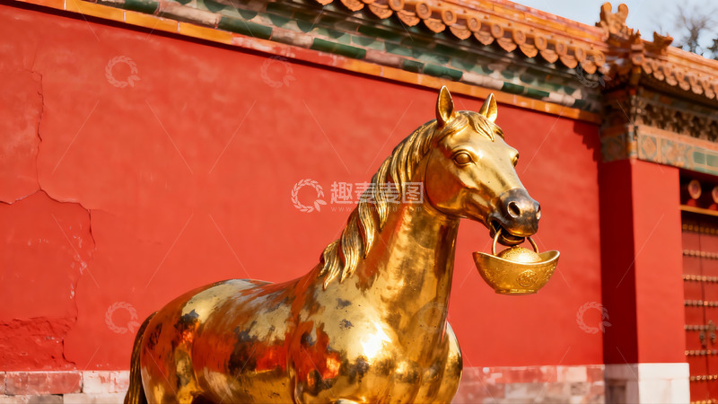 高清大图下载【趣麦麦图】金色马雕像与红色古建筑