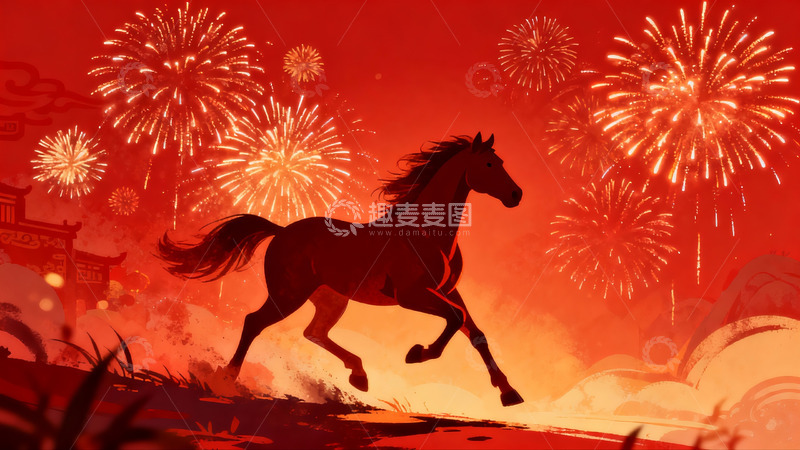 高清大图下载【趣麦麦图】烟花映衬骏马奔腾夜景