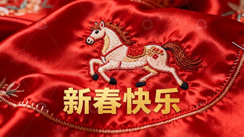 高清大图下载【趣麦麦图】红色绸缎绣马迎春图案