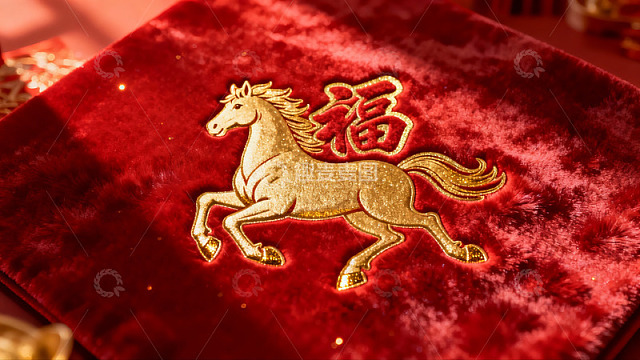 红色绒布上的金色马年刺绣