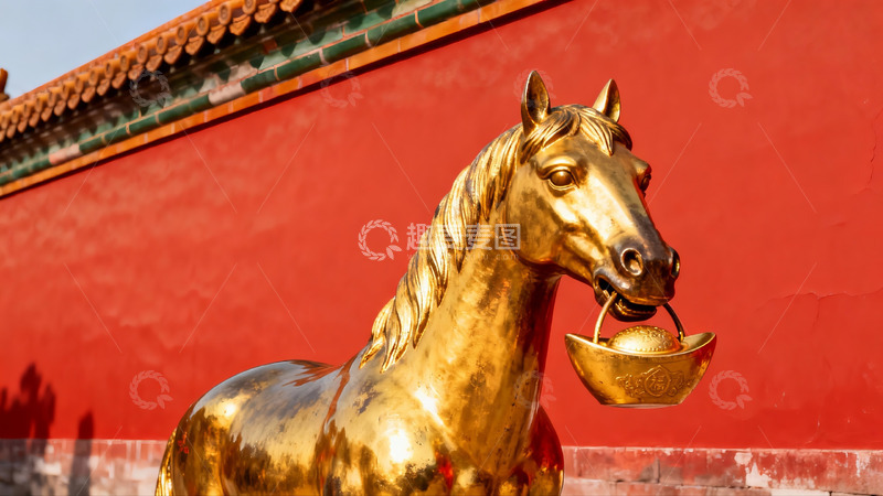高清大图下载【趣麦麦图】金色马雕像口衔金元宝