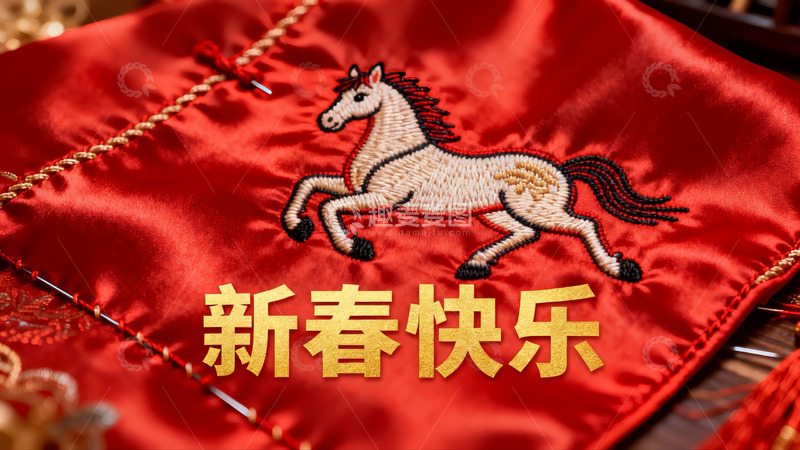 高清大图下载【趣麦麦图】红色布料上的马刺绣新春祝福