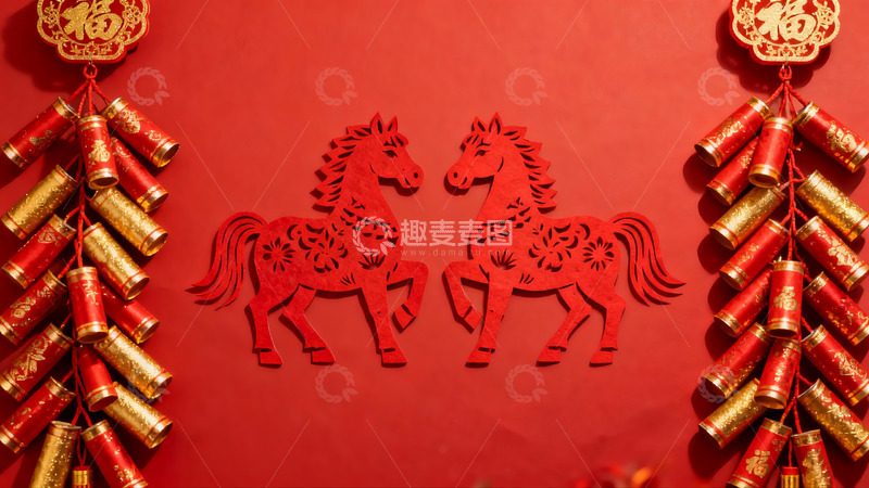 高清大图下载【趣麦麦图】红色背景上的剪纸马与鞭炮装饰
