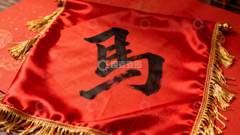 高清大图下载【趣麦麦图】红色锦缎上的书法汉字