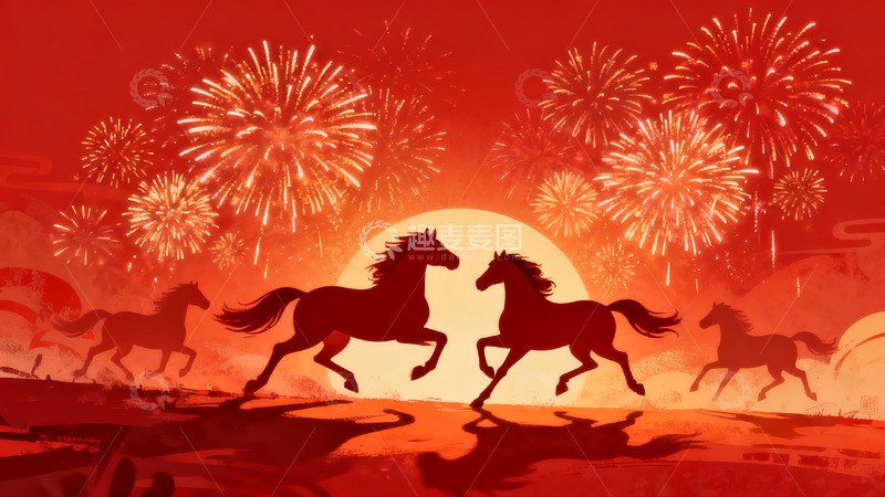 高清大图下载【趣麦麦图】烟花映衬骏马奔腾夜景