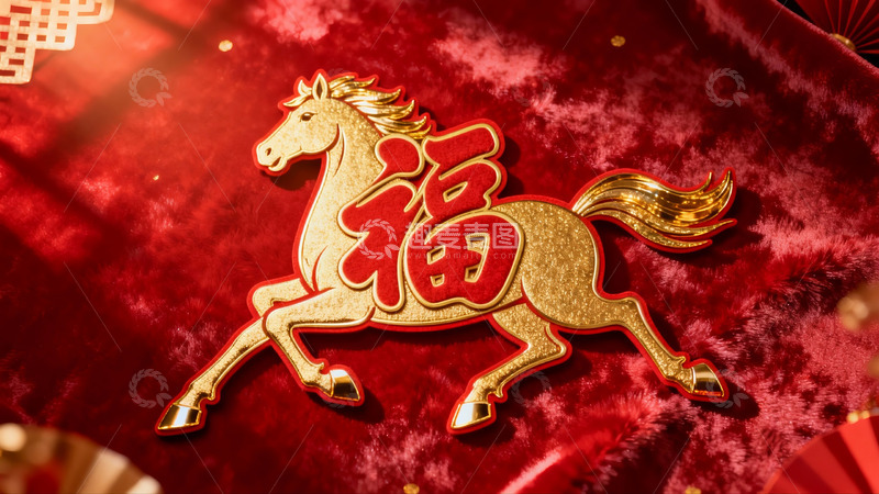 高清大图下载【趣麦麦图】红色绒布上的金色马年福字装饰