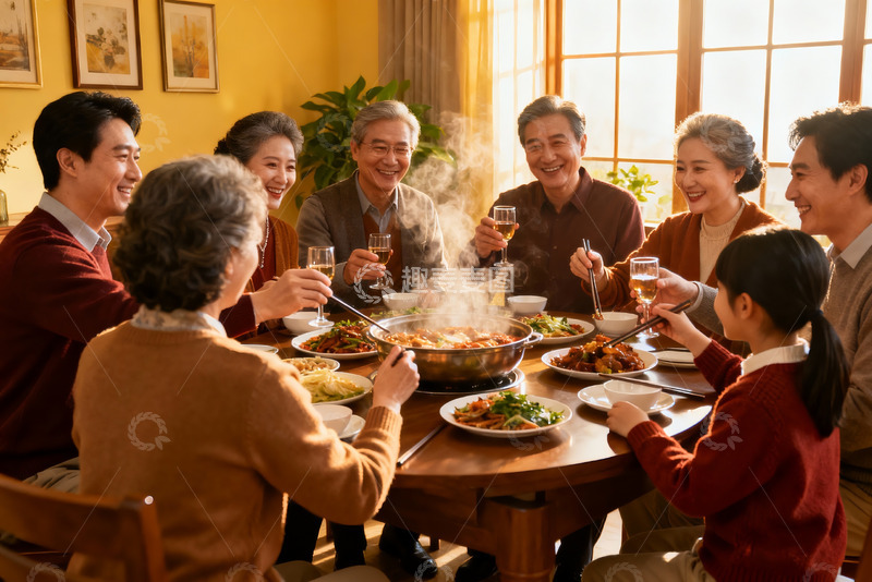 高清大图下载【趣麦麦图】三代同堂围桌聚餐其乐融融
