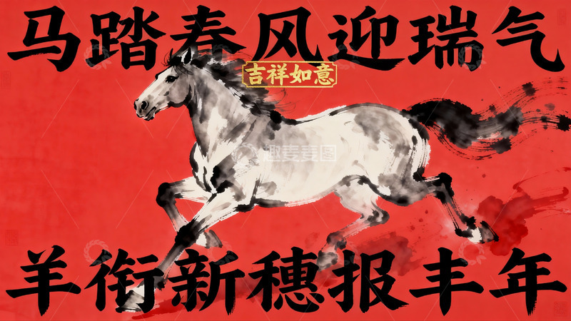 高清大图下载【趣麦麦图】水墨骏马迎春图