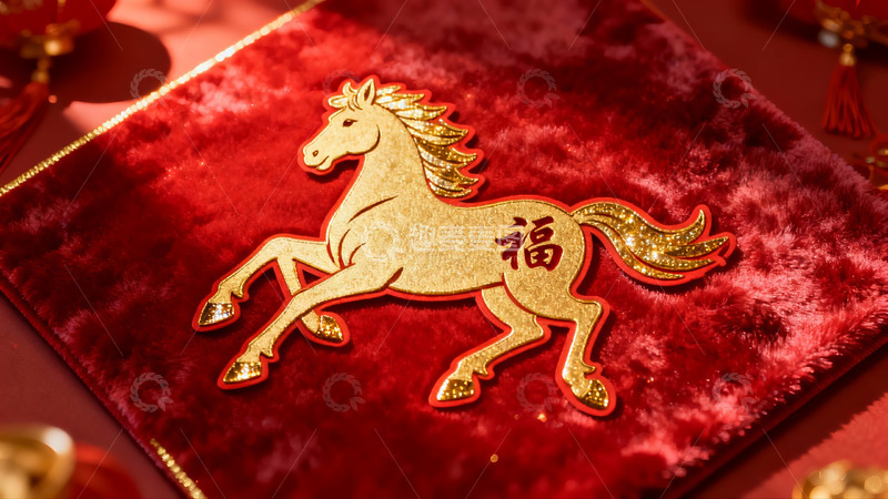高清大图下载【趣麦麦图】红色绒布上的金色马年福字装饰