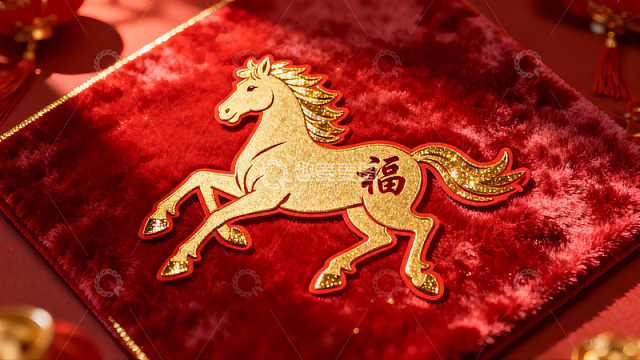 红色绒布上的金色马年福字装饰