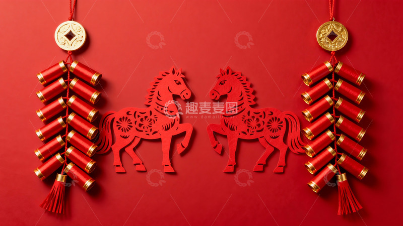 高清大图下载【趣麦麦图】红色背景上的剪纸马与挂饰