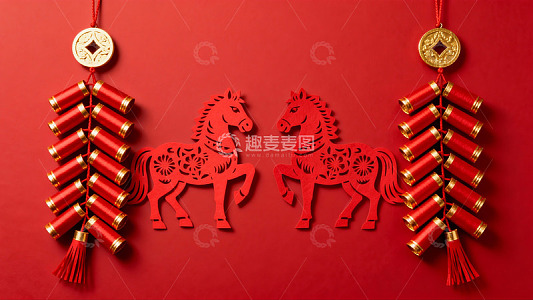 红色背景上的剪纸马与挂饰