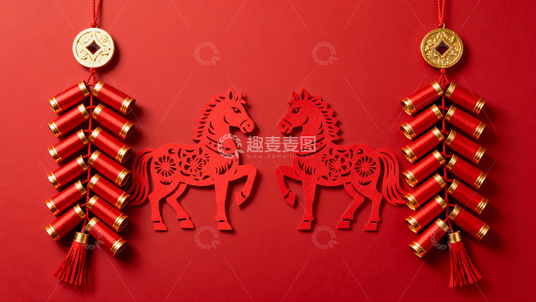 红色背景上的剪纸马与挂饰